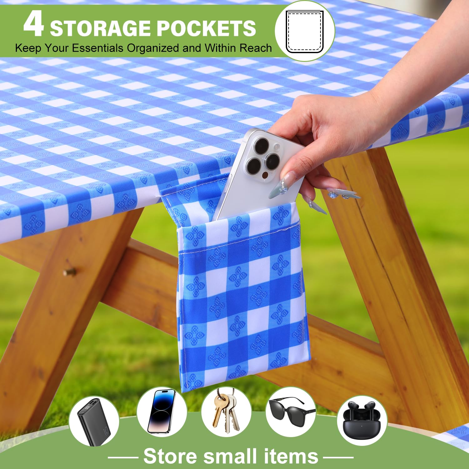 Wrakus four storage pockets holding phone and napkins for organized dining