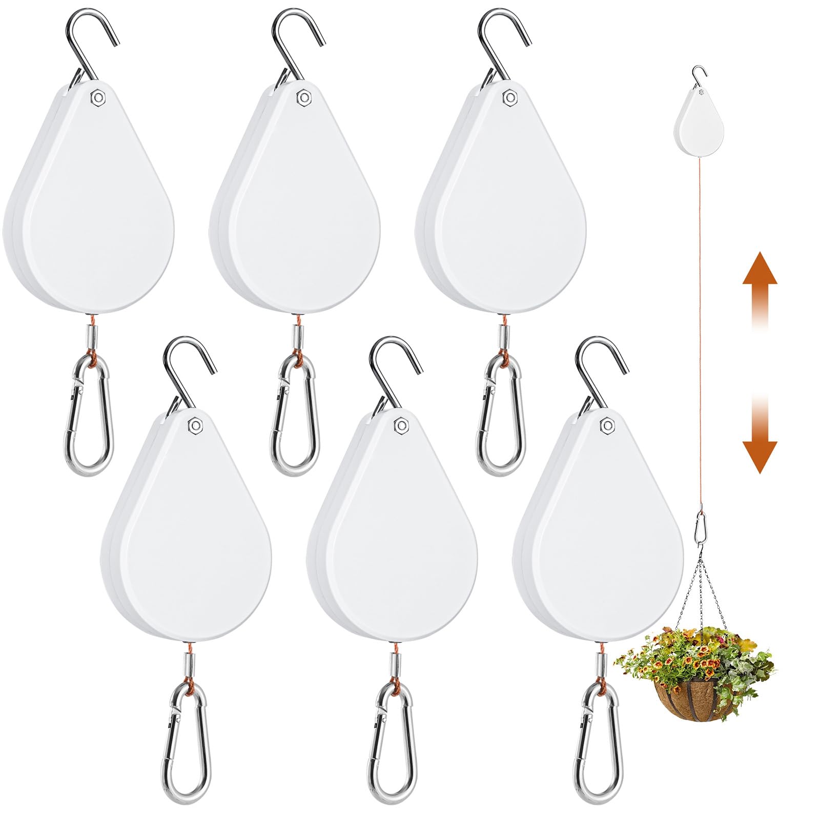 WROSWT front view of retractable plant hanger showing compact casing and cord, easy adjustments