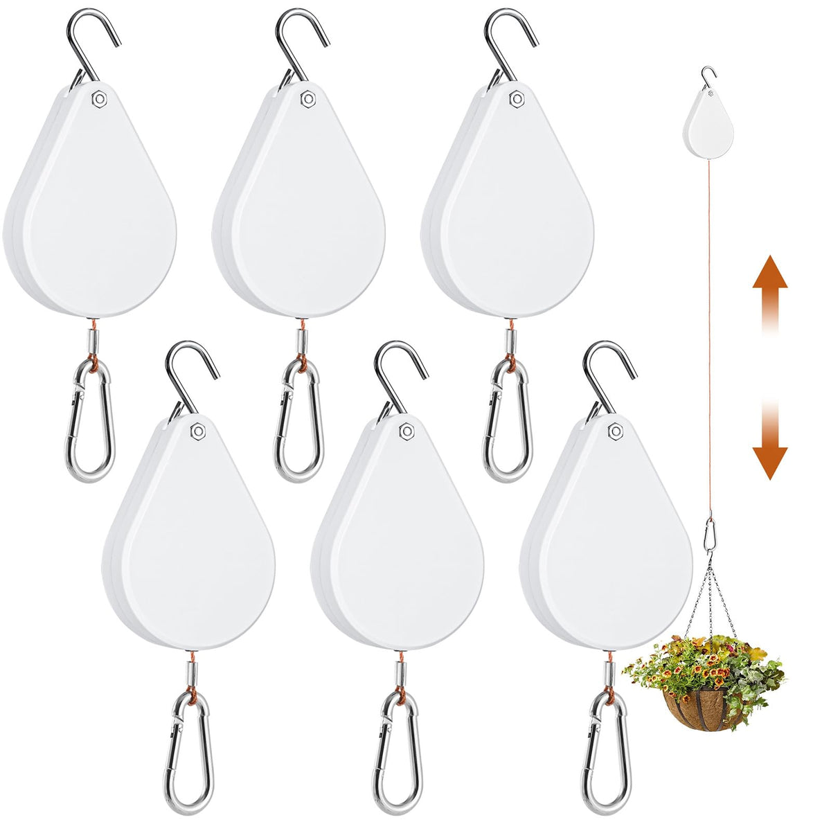 WROSWT front view of retractable plant hanger showing compact casing and cord, easy adjustments