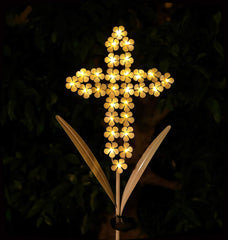 WSgift white cross front view showing full stake and LED hydrangea glow benefit