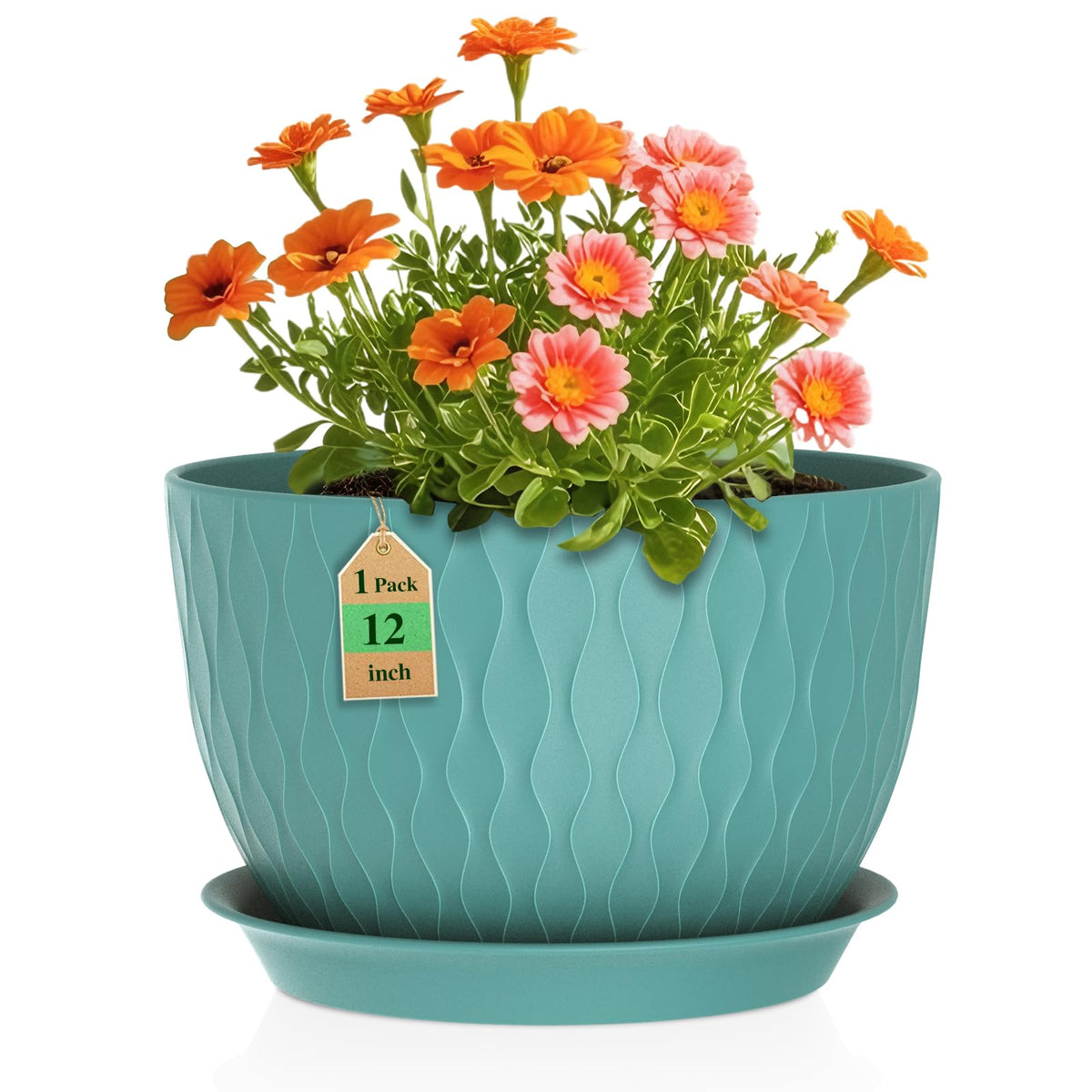 WSMKSZ front view of blue green planter showing ripple design and modern look