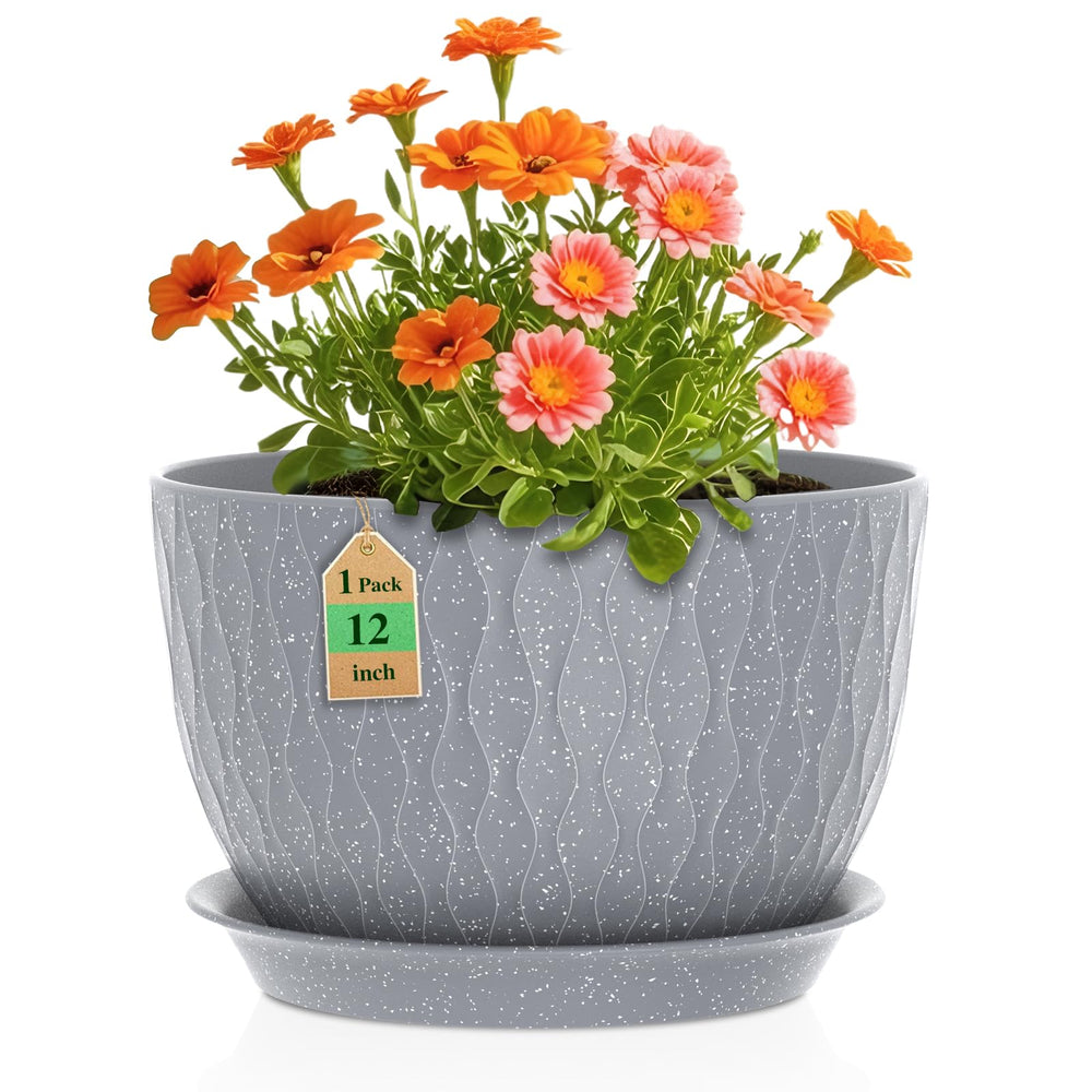 WSMKSZ front view grey speckled planter showing modern ripple look and curb appeal