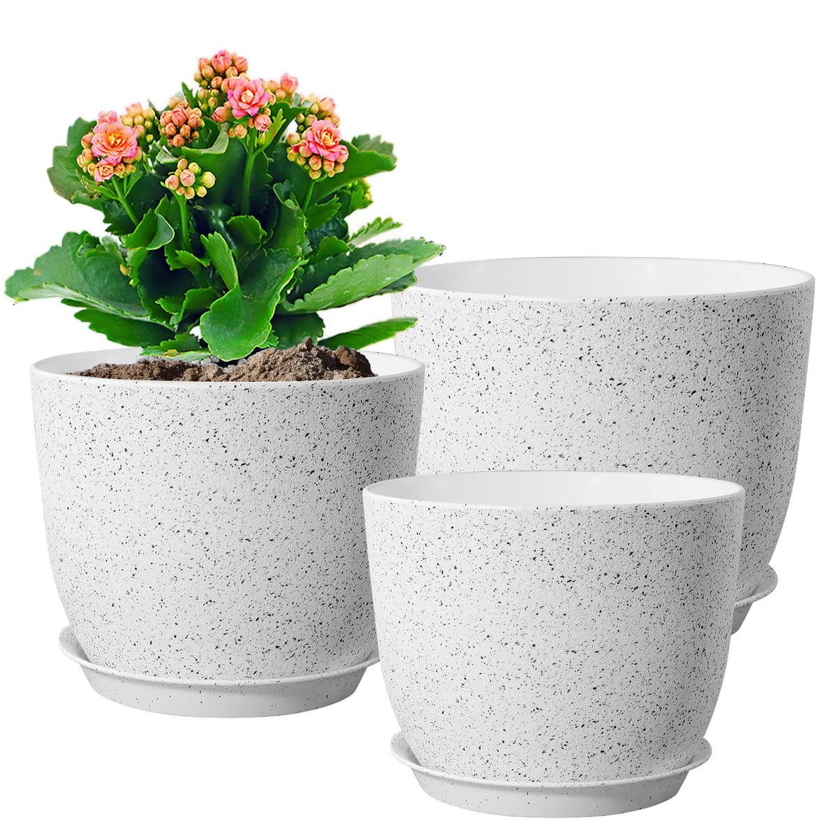 WSMKSZ front view of three speckled white planters showing modern decor benefit