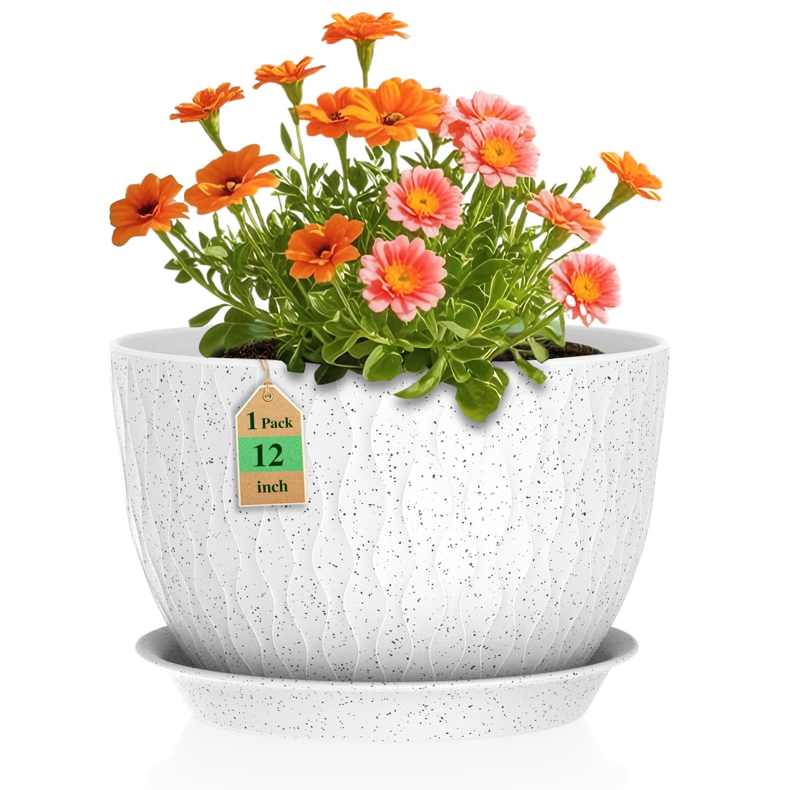 WSMKSZ front view of white speckled planter showing ripple design and modern look