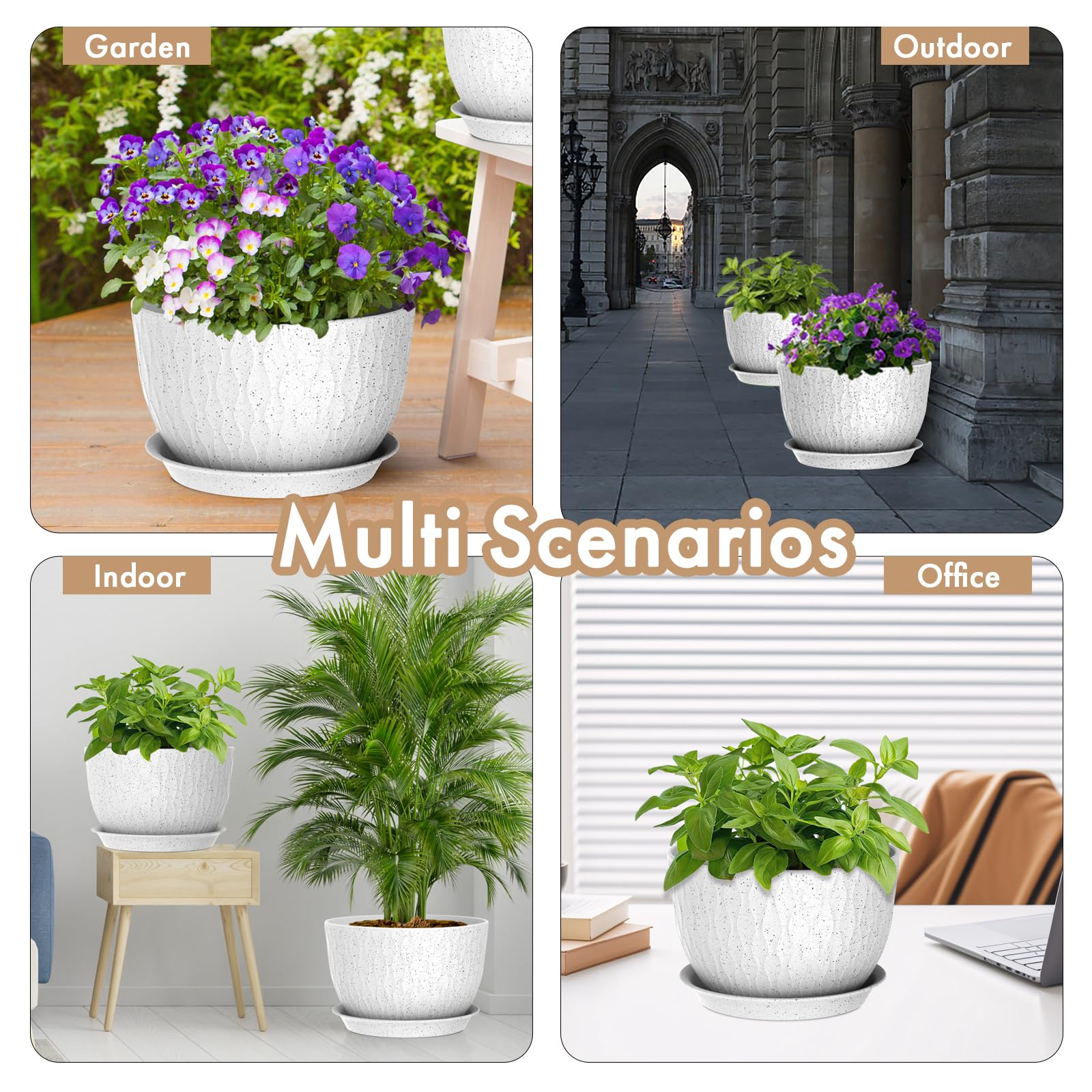 WSMKSZ white speckled planter styled on patio showing weather-ready outdoor use