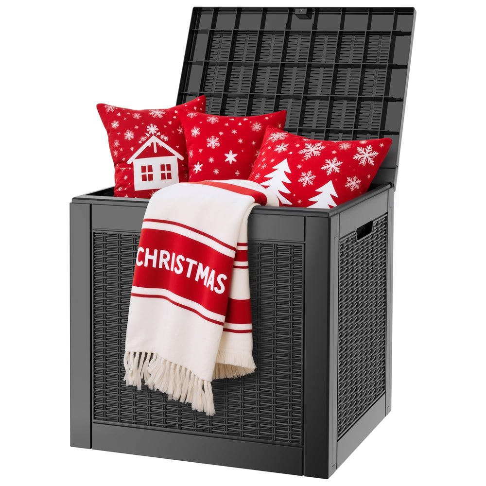 WTFGO front view rattan deck box showing compact profile and organized storage benefits