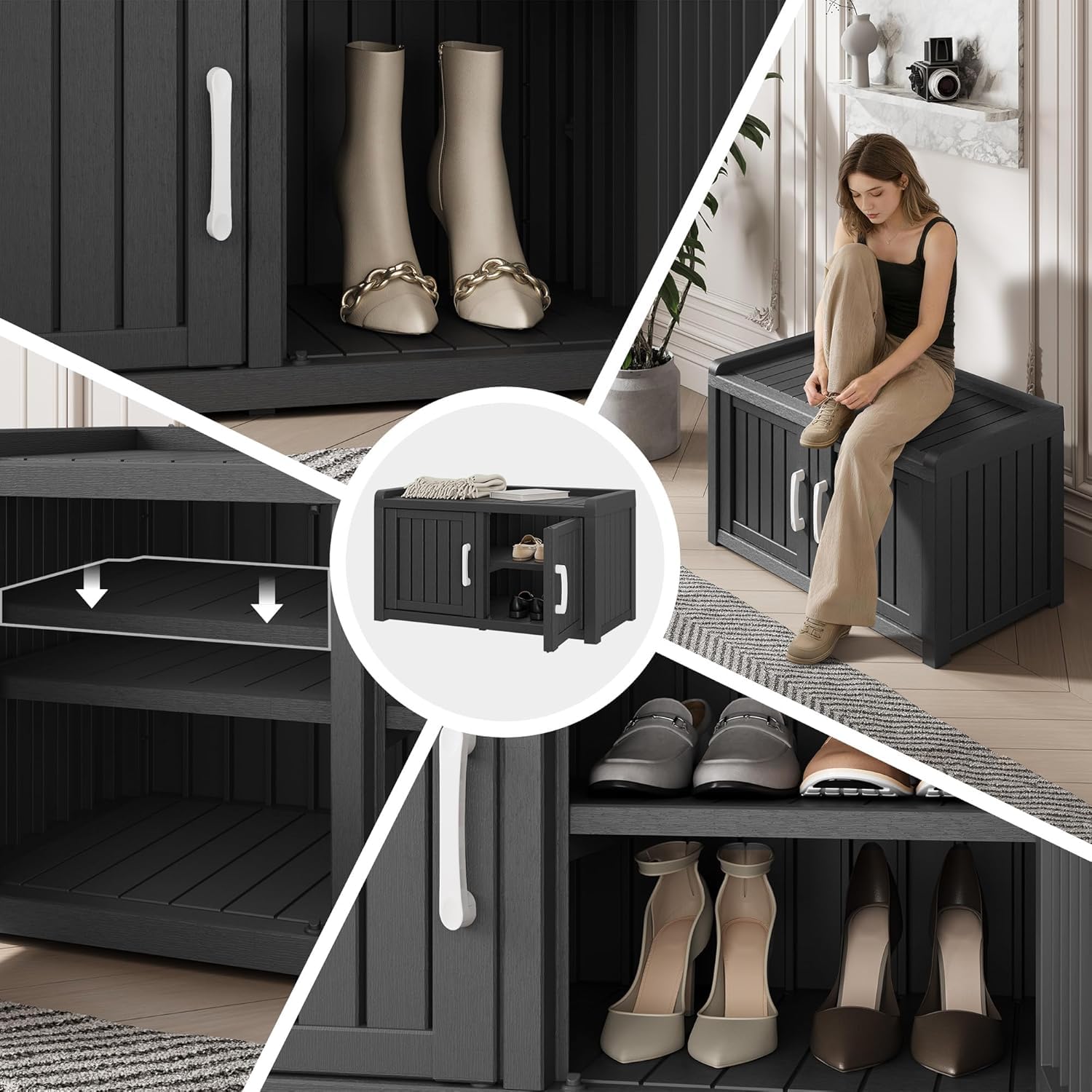 WTFGO interior open storage revealing adjustable shelf and organized footwear benefit