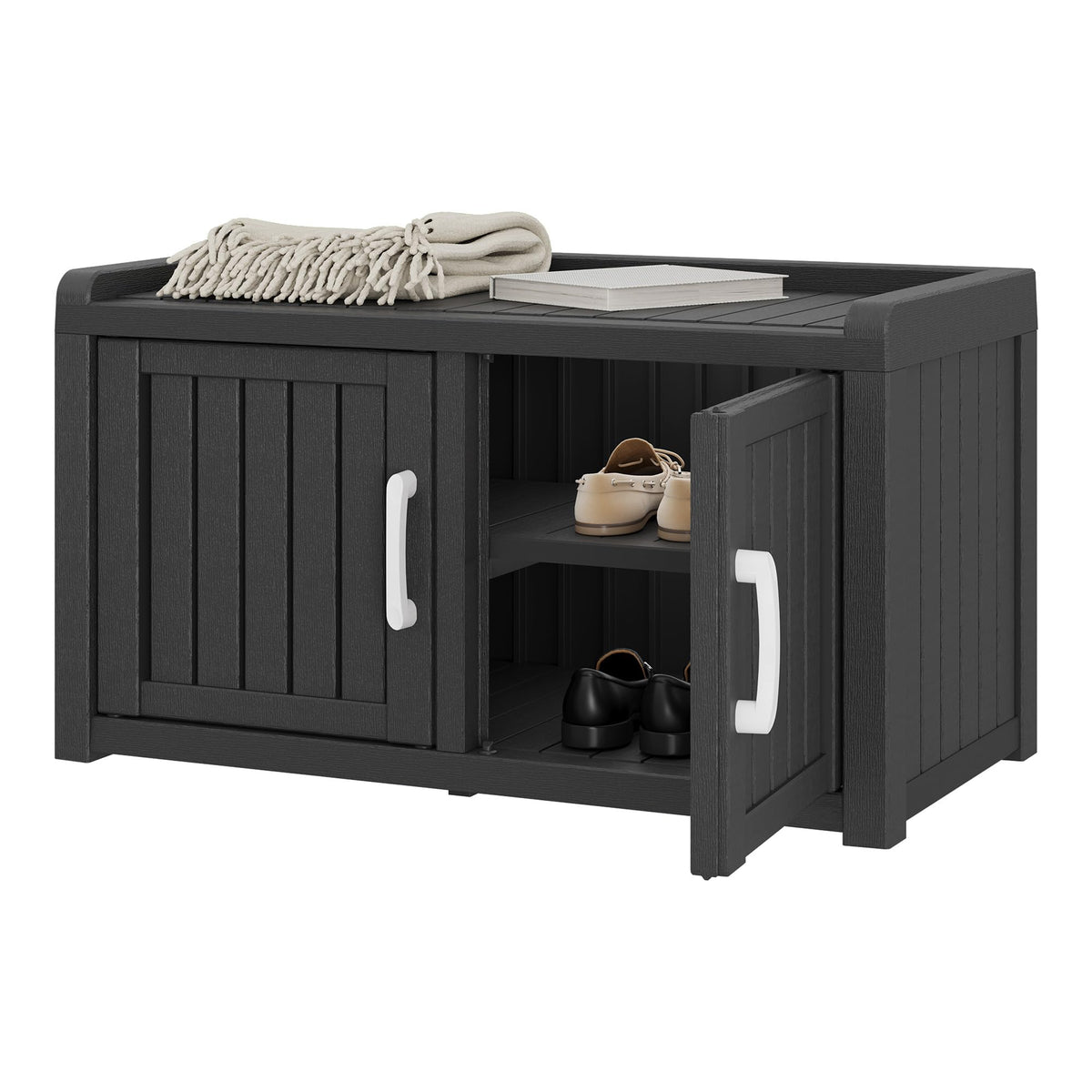 WTFGO bench front view showing sleek matte black design and concealed storage benefit