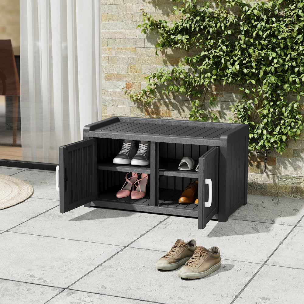 WTFGO cabinet with doors open displaying organized shoes and easy access benefit