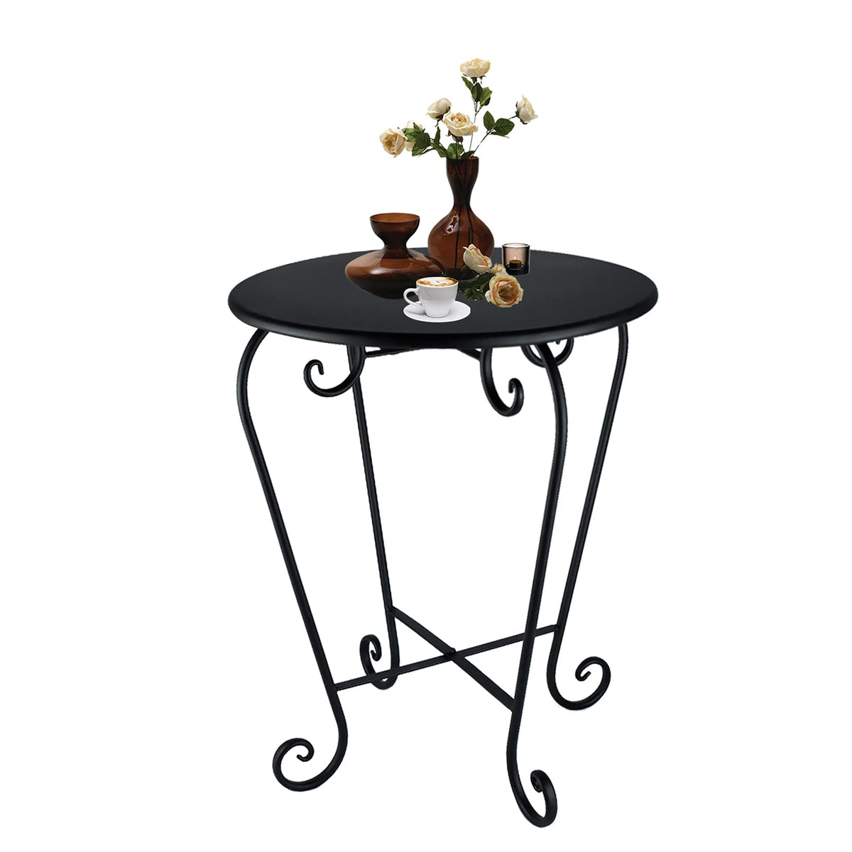 Wtiujhg front view of black patio side table showing sleek silhouette and durability