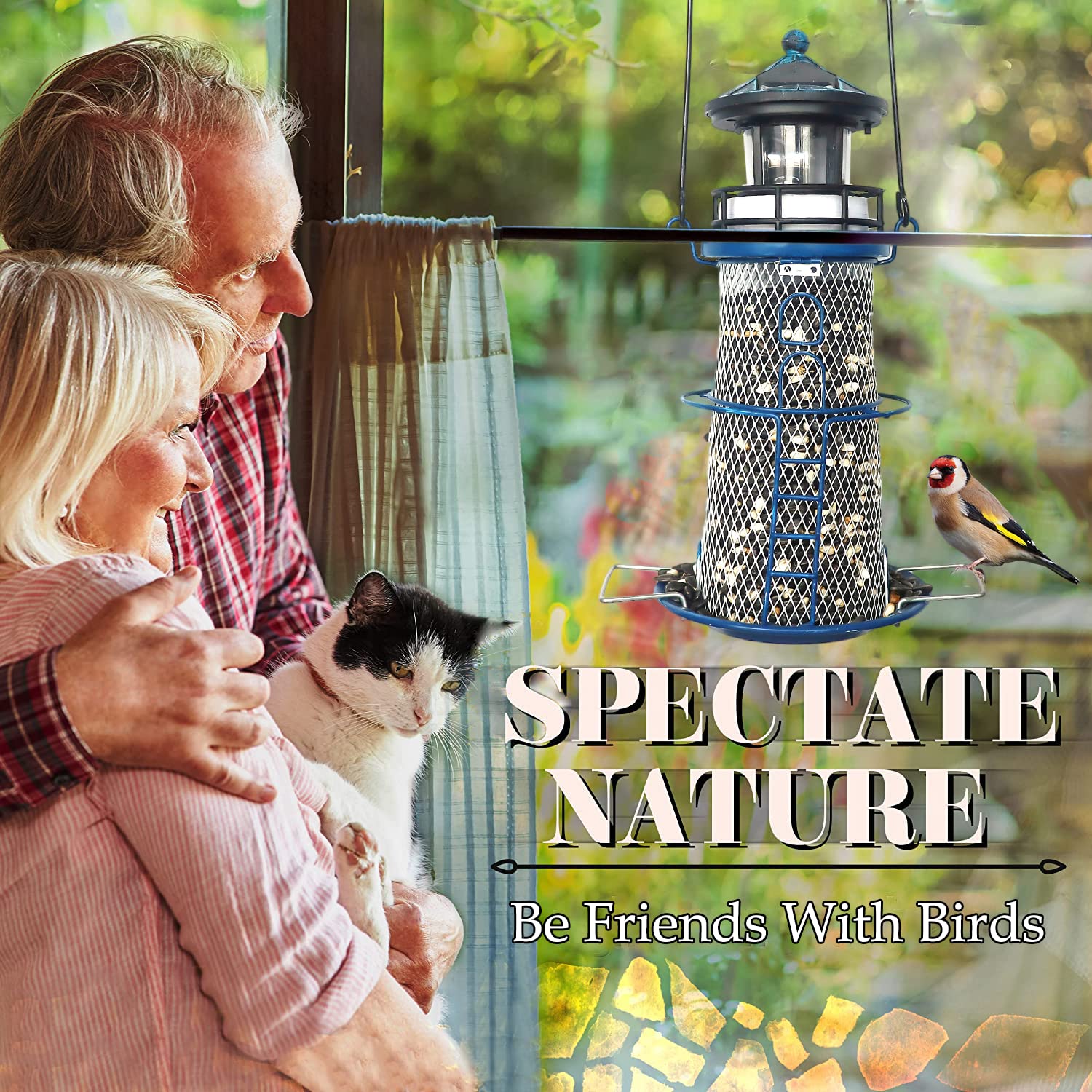 WTREEW lighthouse seed tray close-up showing easy refilling and bird access