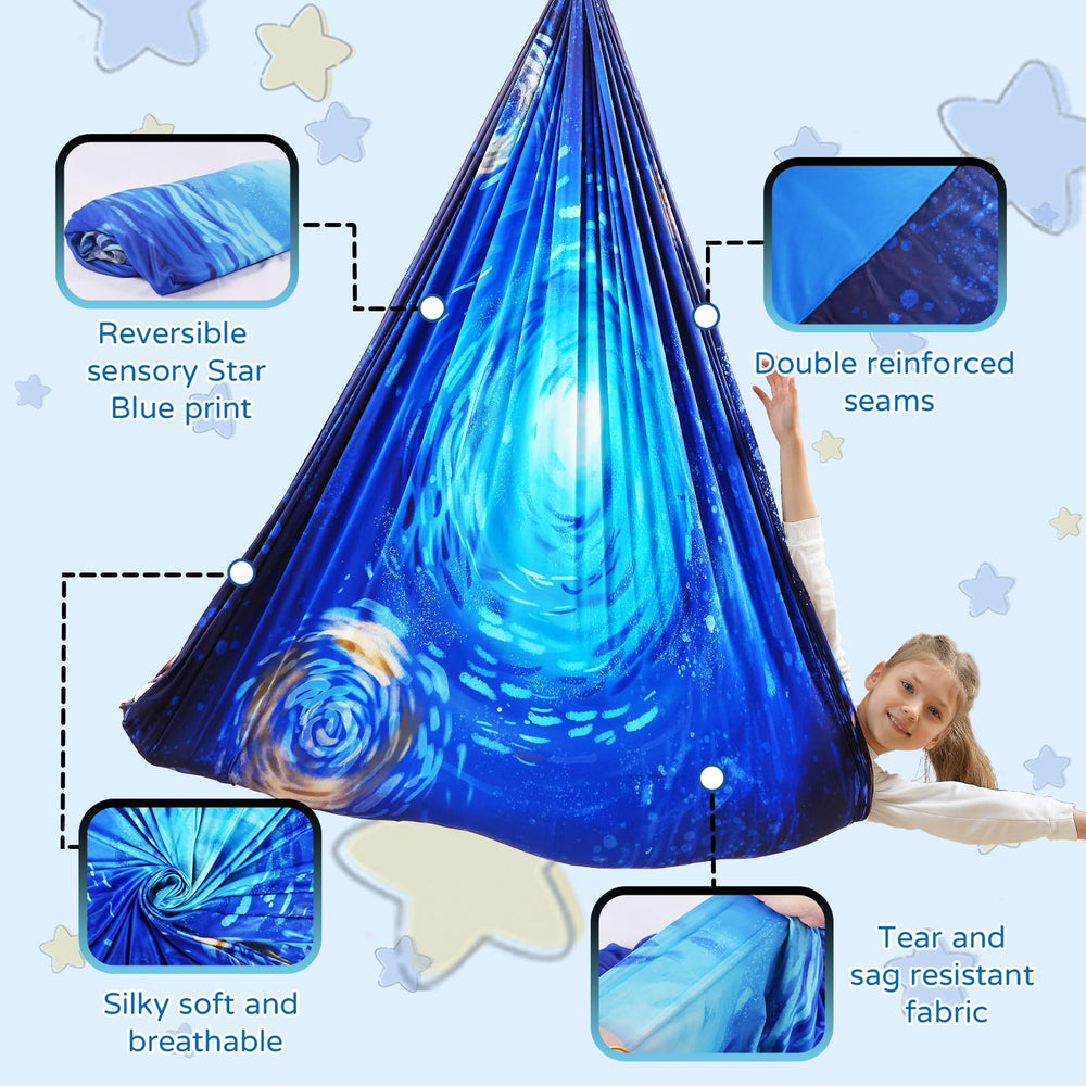 WUBOTIYU child sitting in cuddle hammock enjoying enclosed calming support