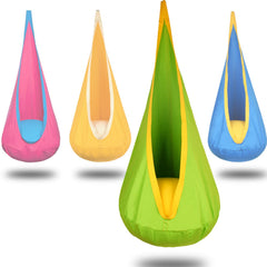 WUBOTIYU front view of green pod swing showing shape and entrance for cozy play