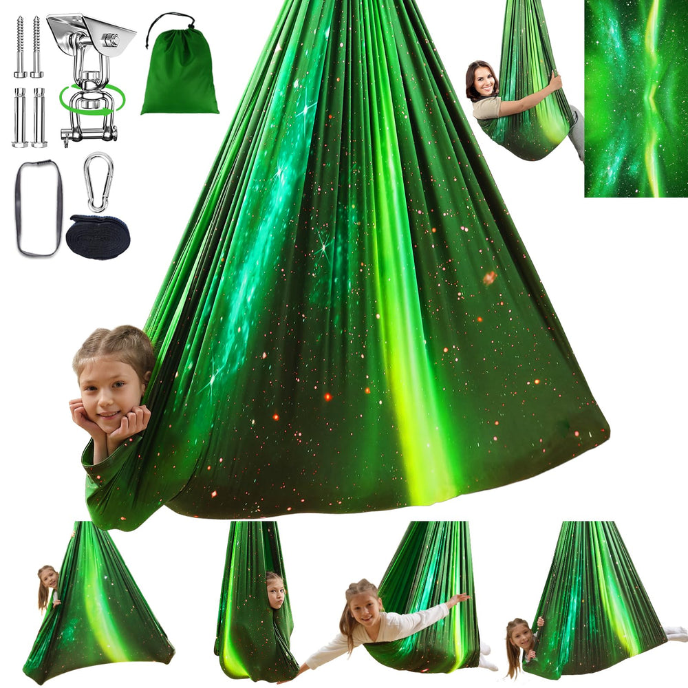 WUBOTIYU front view of aurora green cuddle hammock showing cozy shape and benefits