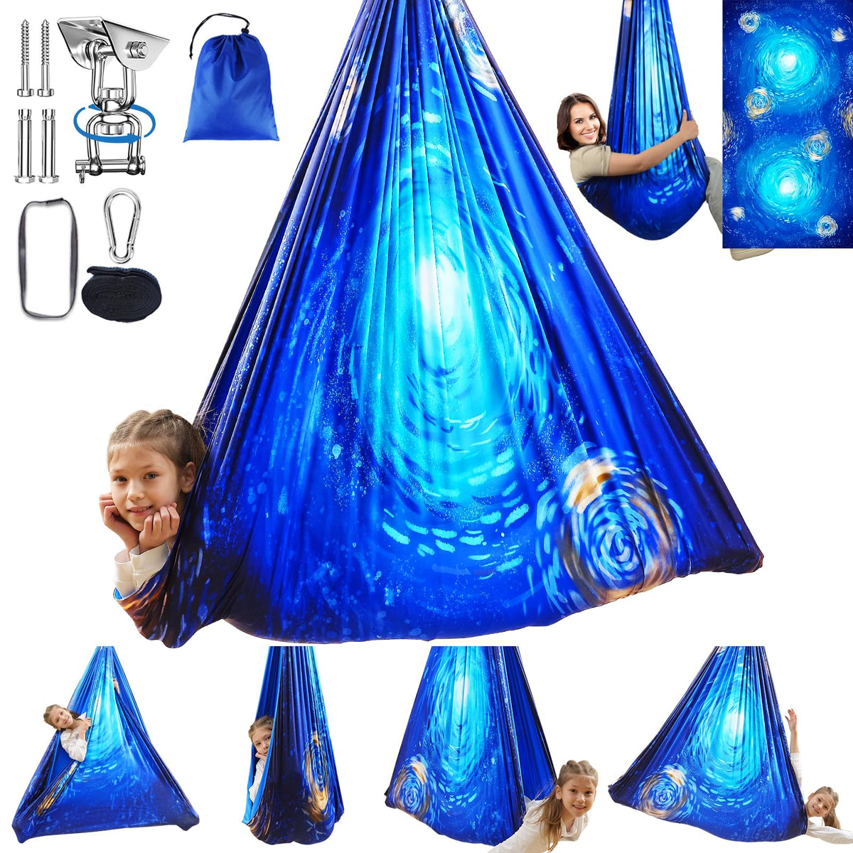 WUBOTIYU front view of ocean blue sensory swing showing cozy shape and color