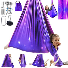 WUBOTIYU front view of galaxy purple sensory hammock showing cozy shape and color