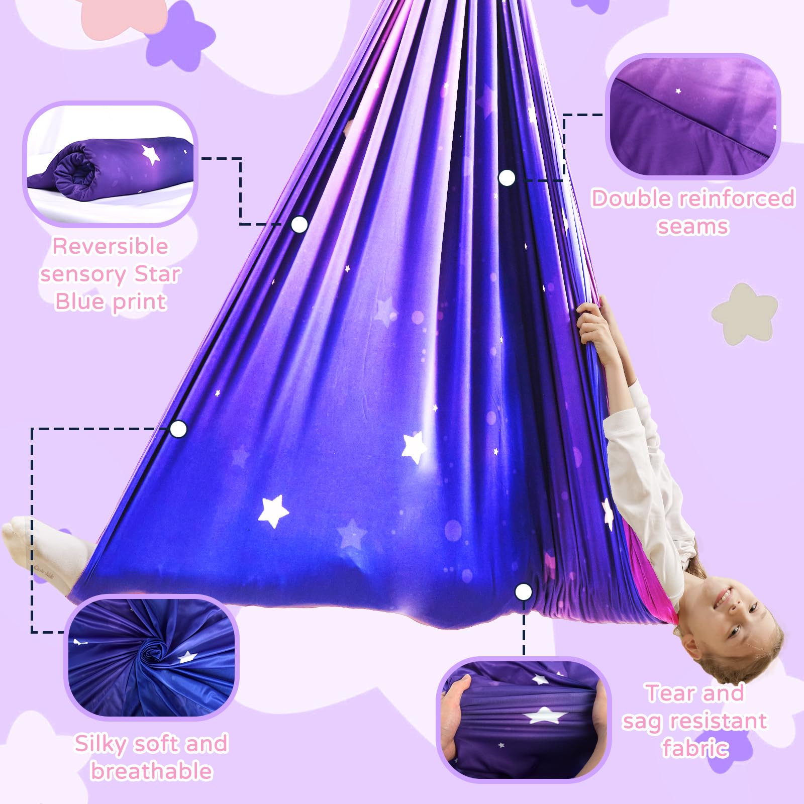 WUBOTIYU swing next to a child for size comparison showing roomy interior