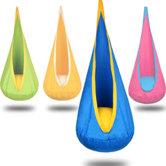 WUBOTIYU front view of blue pod swing showing cozy entrance and shape