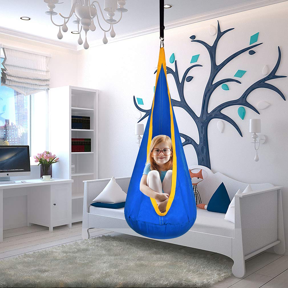 WUBOTIYU pod swing next to chair for scale showing size and capacity