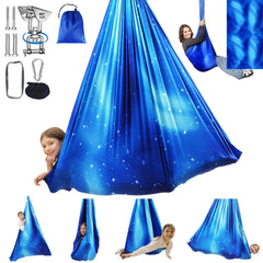 WUBOTIYU front view of star blue sensory swing showing roomy hammock and star pattern benefit comfort
