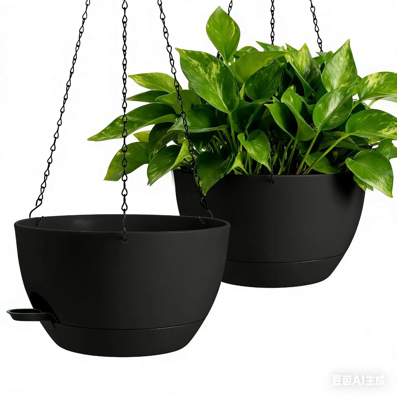 WUCEIAUU front view of two black 13-inch hanging planters showing sleek finish and shape