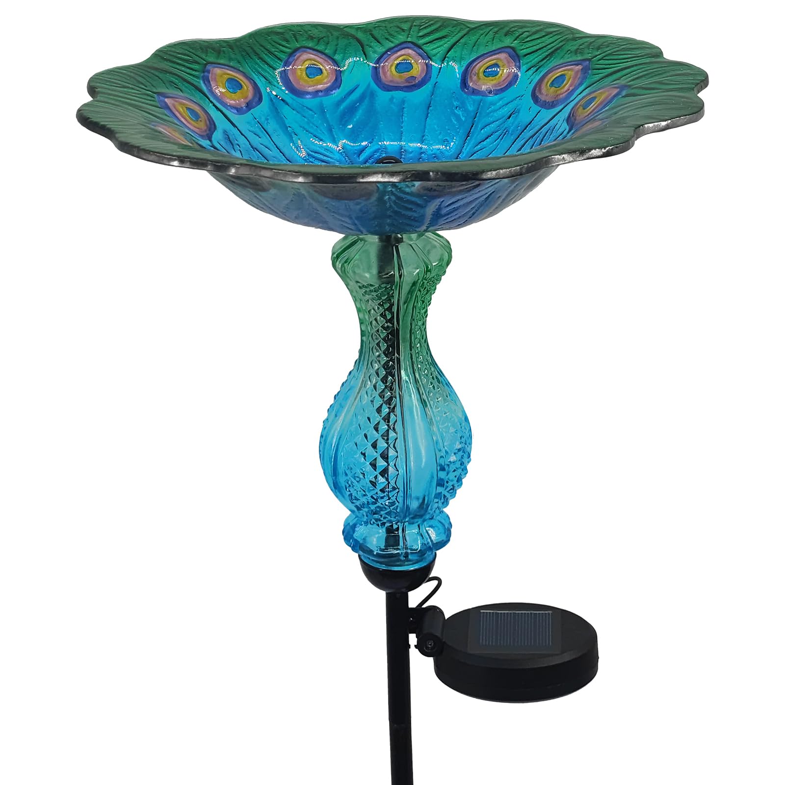 WUFEILY front view of peacock glass birdbath, eye-catching garden focal