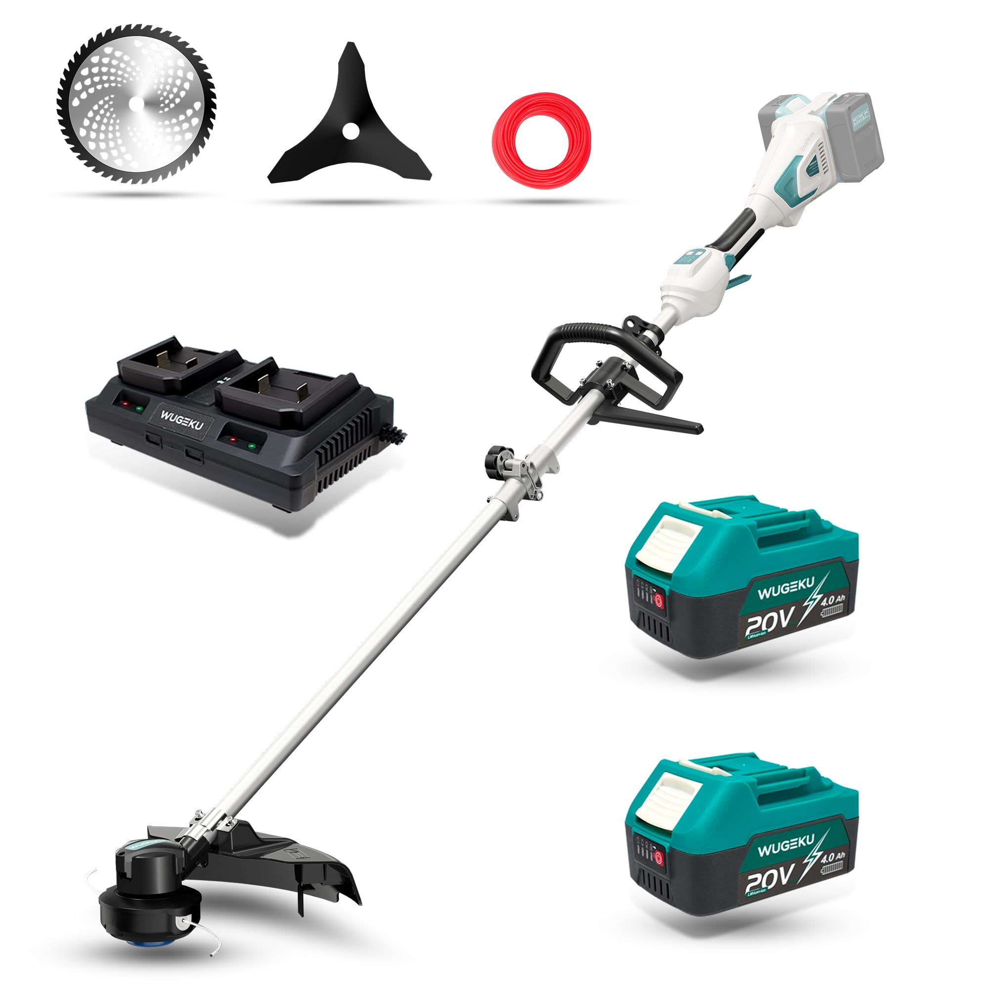 Wugeku trimmer front angle showing 14 inch head and ergonomic handle benefit
