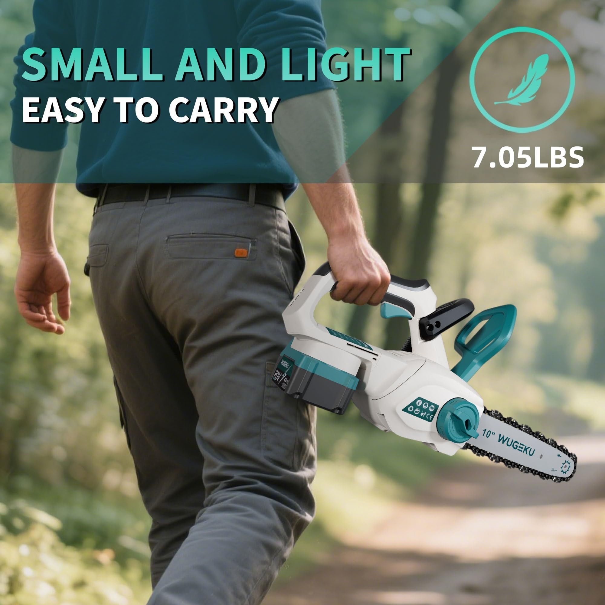 Wugeku chainsaw cutting a branch demonstrating control and efficiency