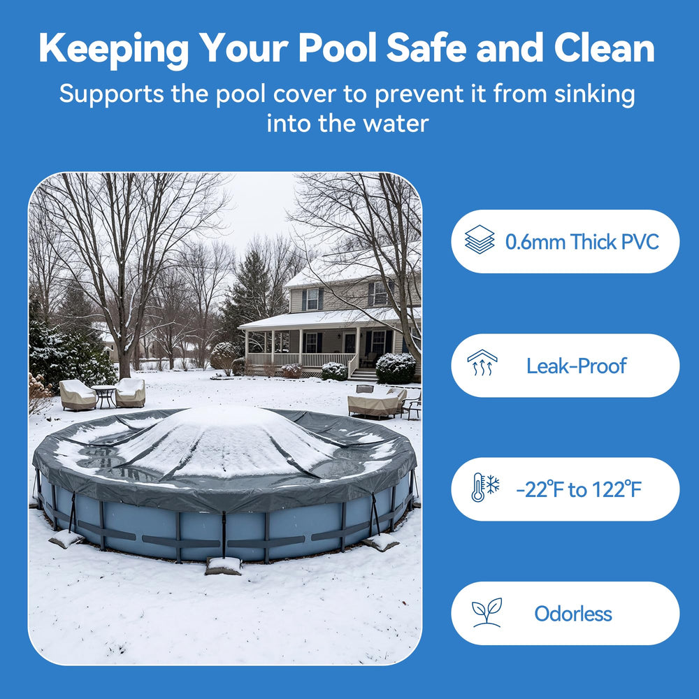 WUHUWOO inflated air pillow positioned beneath pool cover, reduces ice pressure