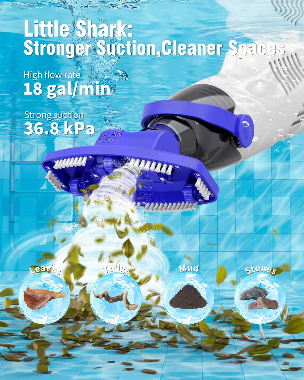 wuwo Little Shark brush head detail illustrating scrubbing action for stuck dirt removal
