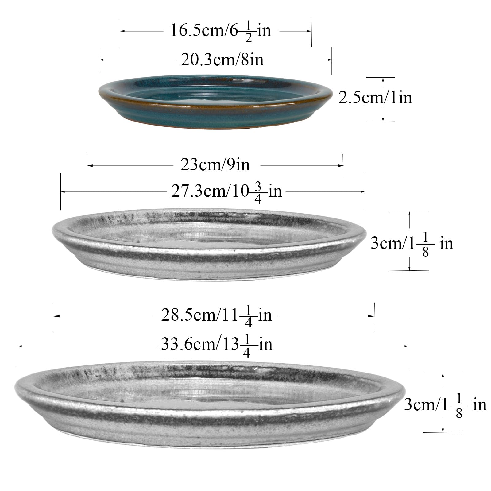 W&W teal saucer top view with pot demonstrating secure fit and drainage
