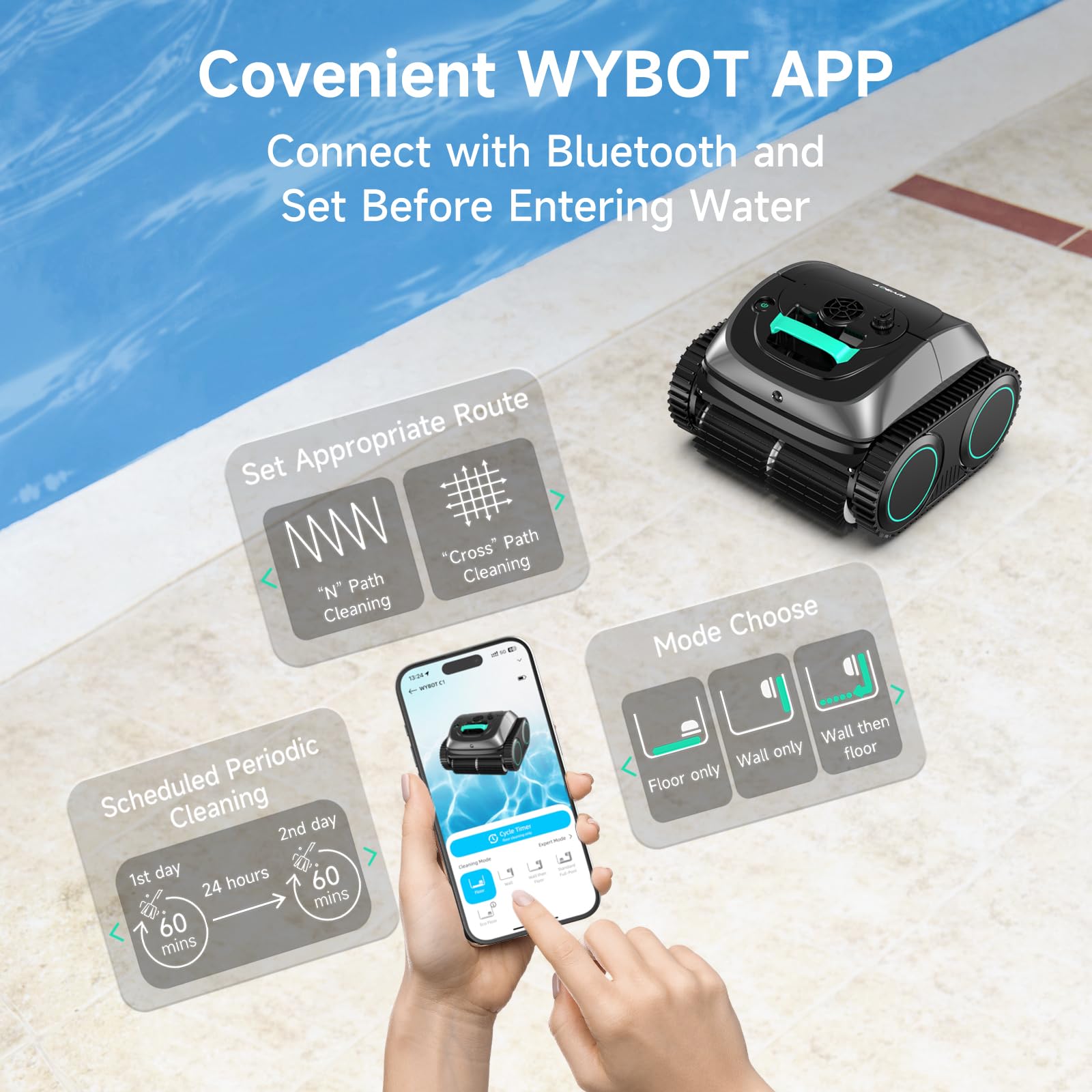 WYBOT C1 mobile app screen showing route control and mapping
