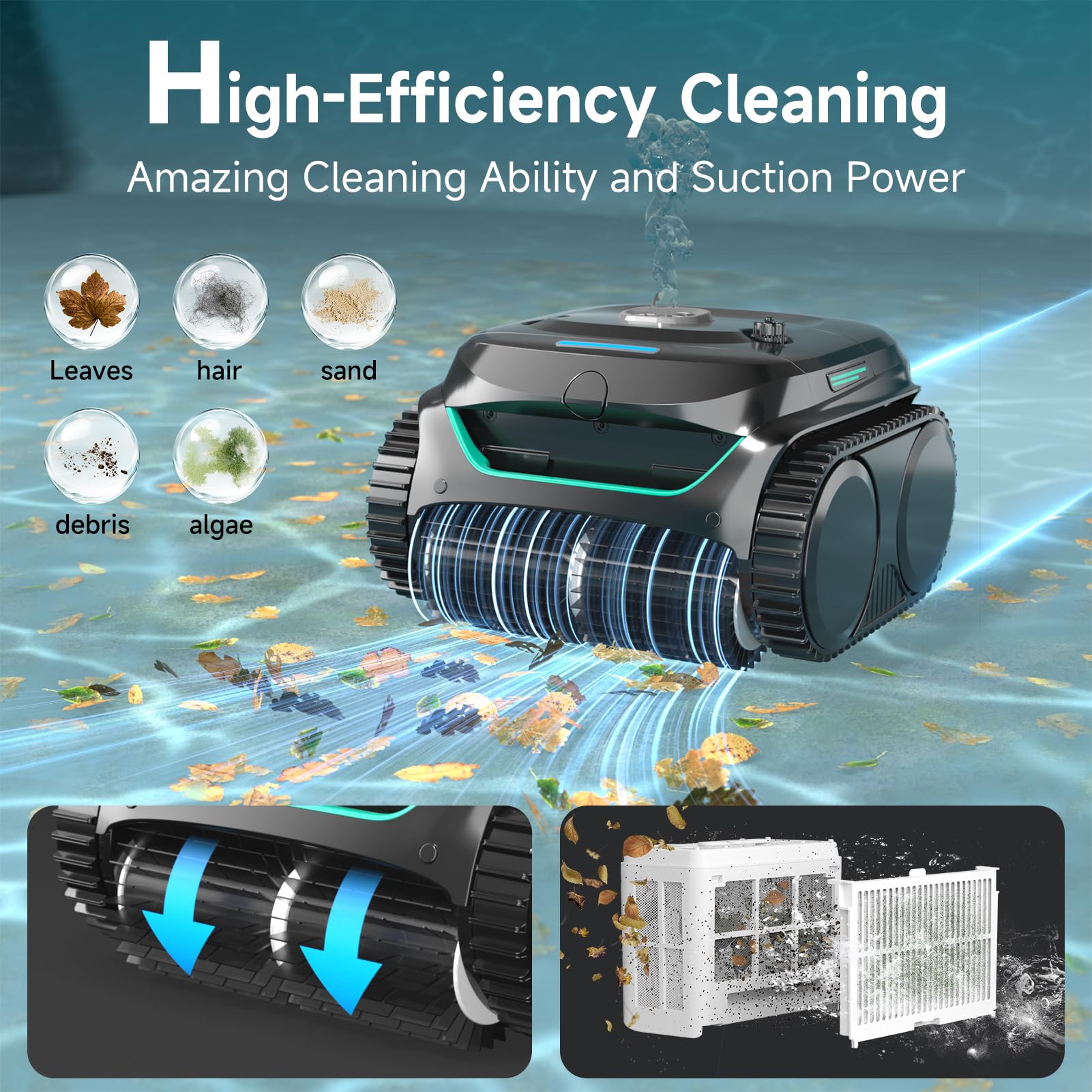 WYBOT C2 dual scrubbing brushes and intake detail, boosting debris removal power