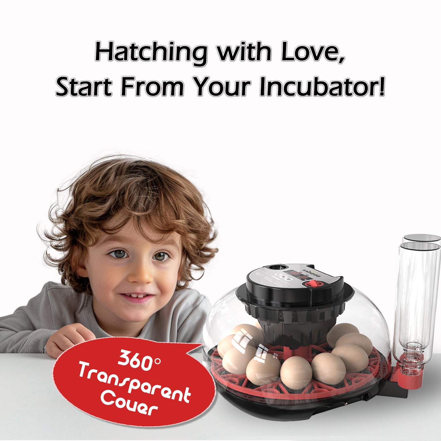 WYD2ANG incubator next to a hand for scale showing portable small-footprint convenience