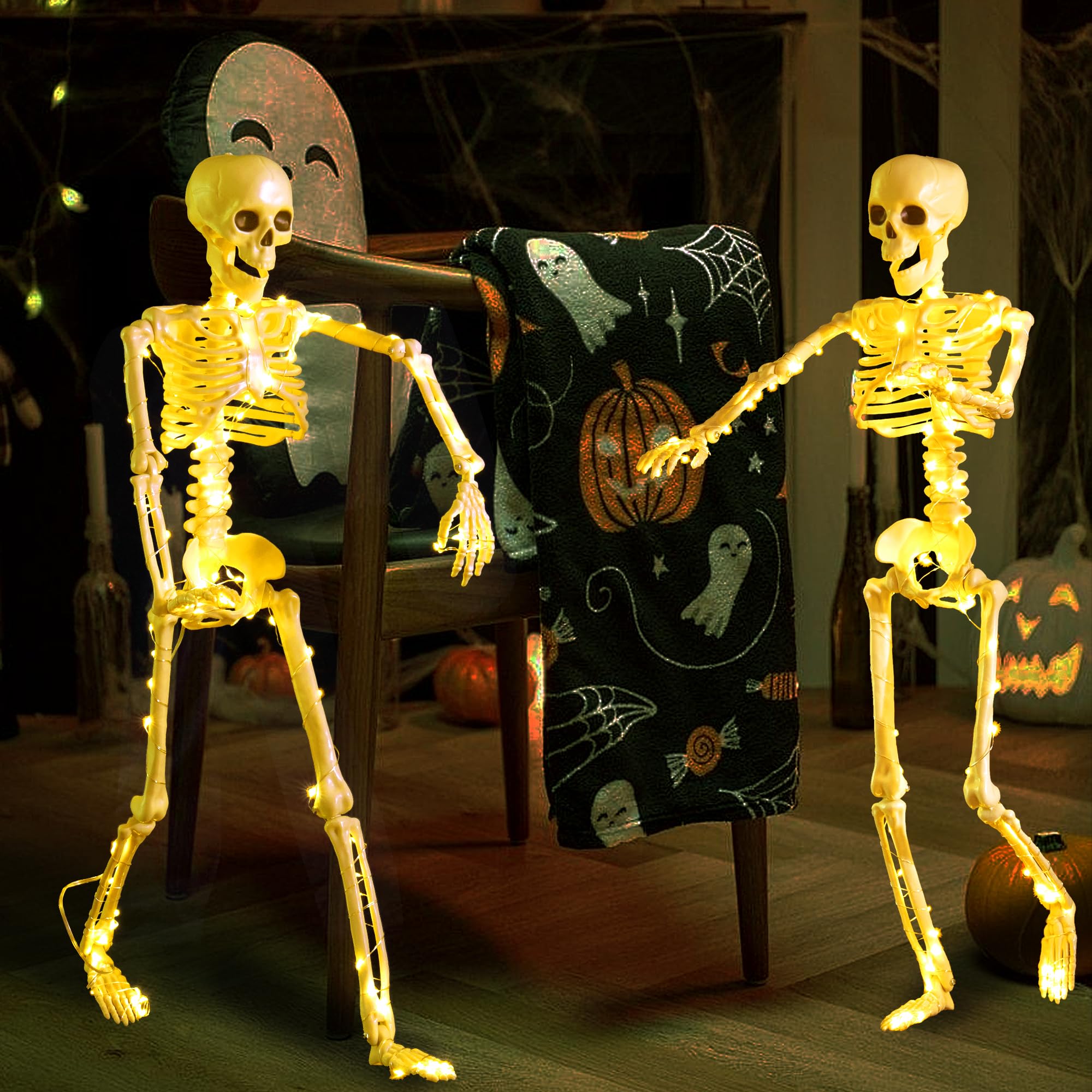 wymulot skeletons staged in yard with props creating a spooky outdoor scene