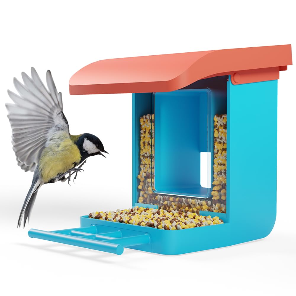 Wyze Lifestyle blue feeder front view showing camera opening and bird access benefit