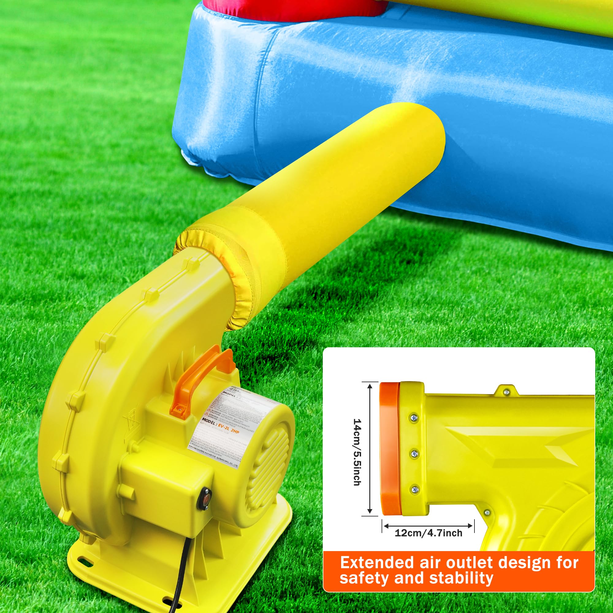 WZIIOT air outlet measurement showing 5.7x5.4 inch connection for inflatables