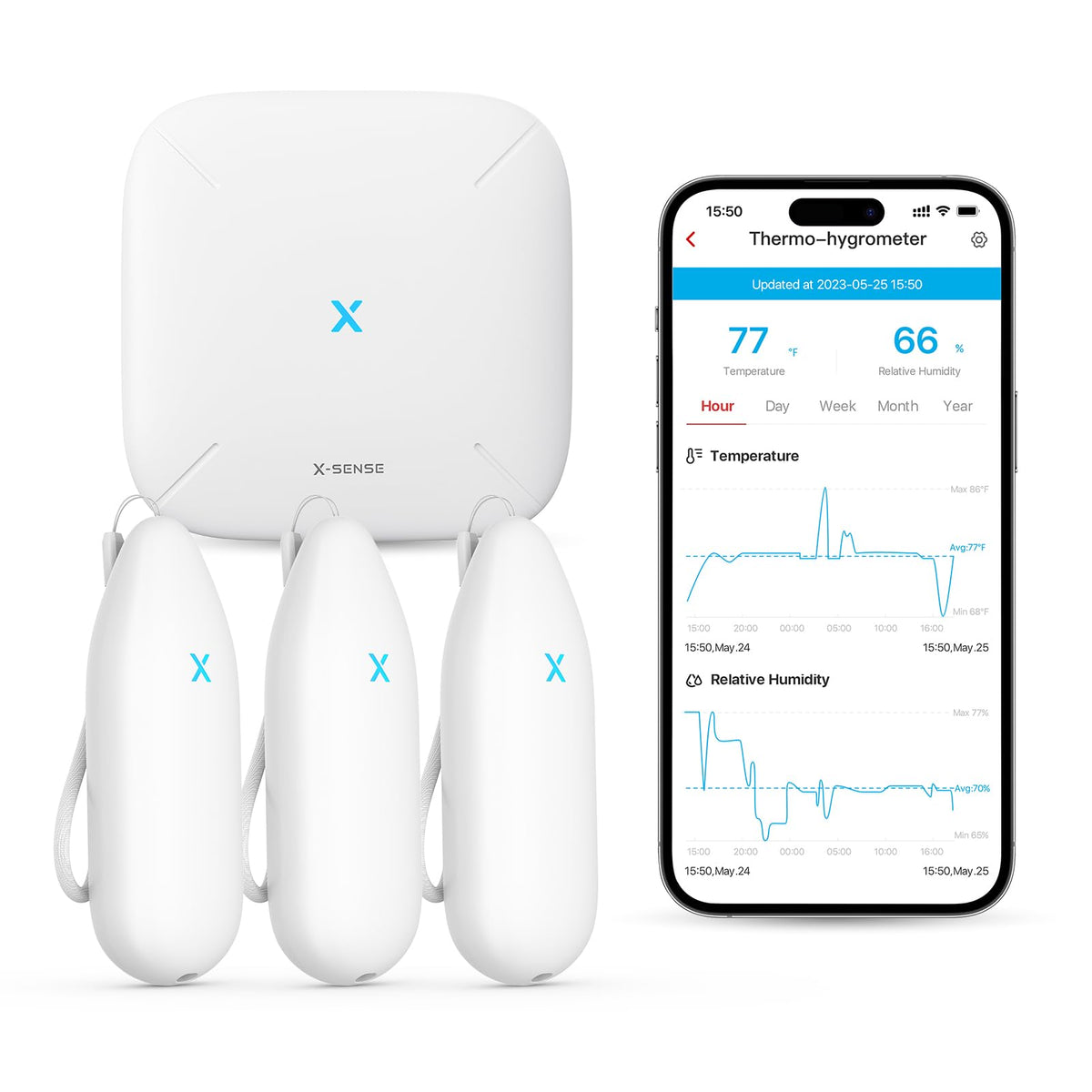 X-Sense front view of base and sensor showing compact setup and connectivity benefit