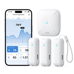 X-Sense front view of three sensors and base shows compact monitoring for whole home
