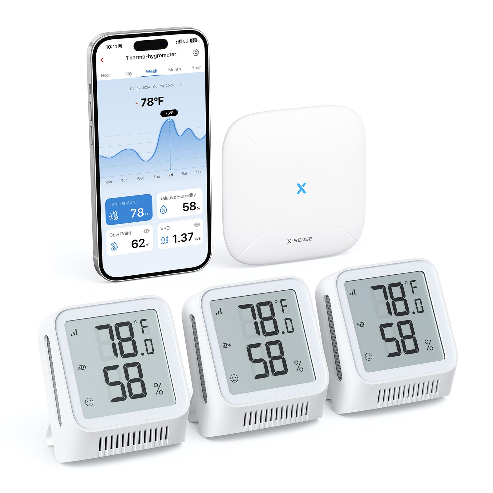 X-Sense front view showing base station and three sensors for quick multiroom monitoring