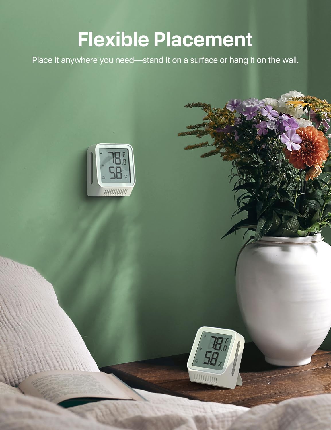 X-Sense sensor closeup showing LCD and comfort icons for instant environment status