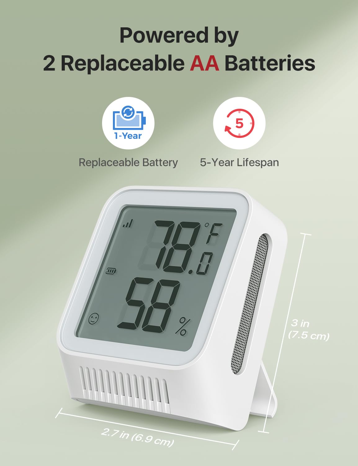 X-Sense sensor side view with battery compartment visible for easy battery replacement