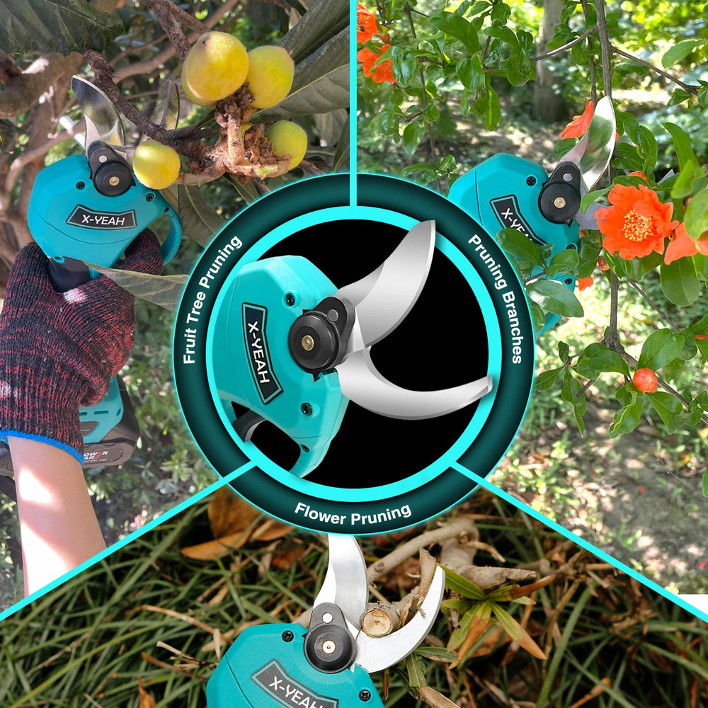 X-YEAH pruning shears in use cutting a 30mm branch to boost trimming efficiency