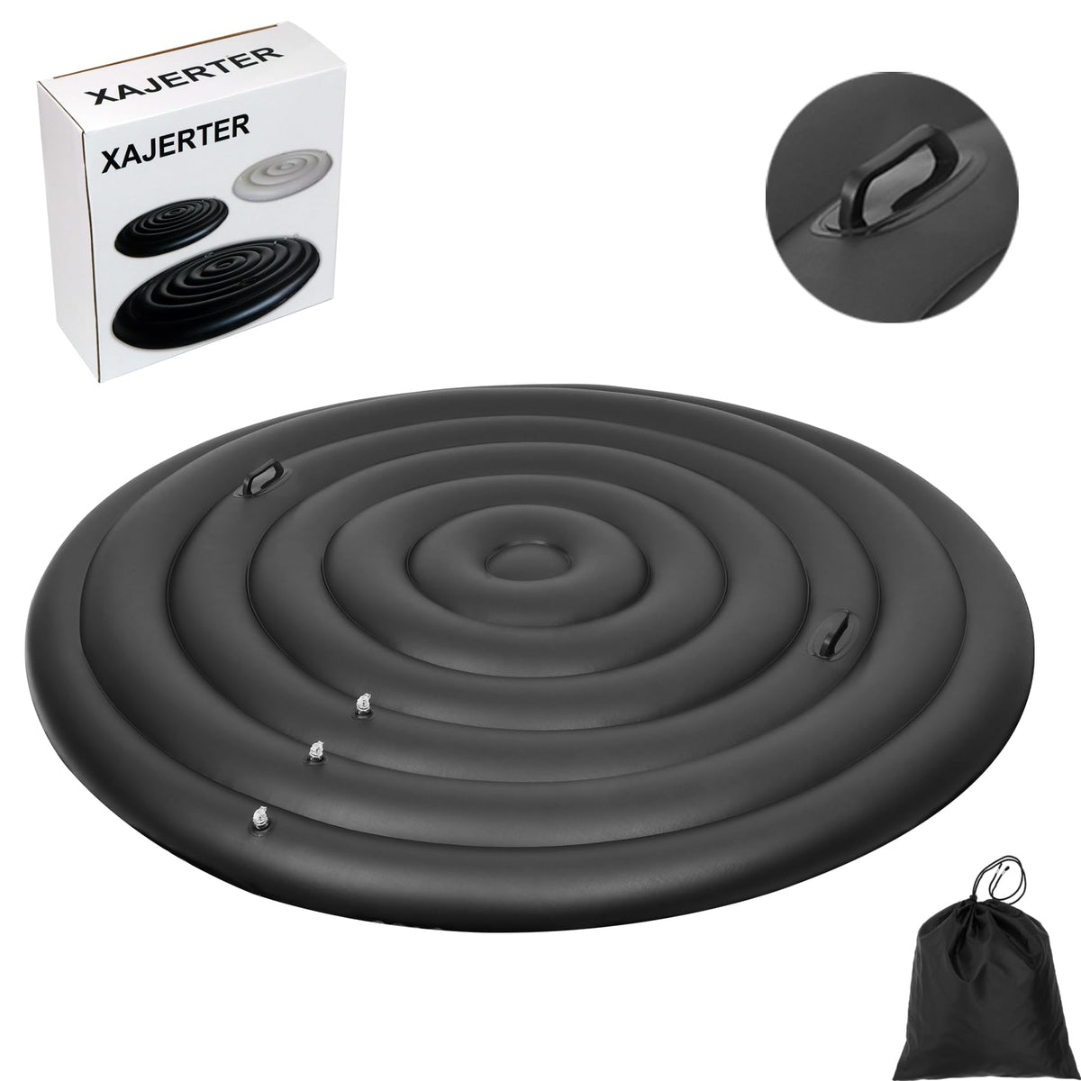 Xajerter front view of round cover protecting spa, reduces heat loss