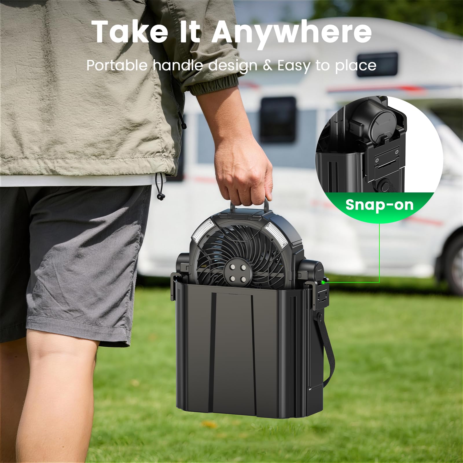 XAP hanging on camping tent pole providing hands-free cooling outdoors