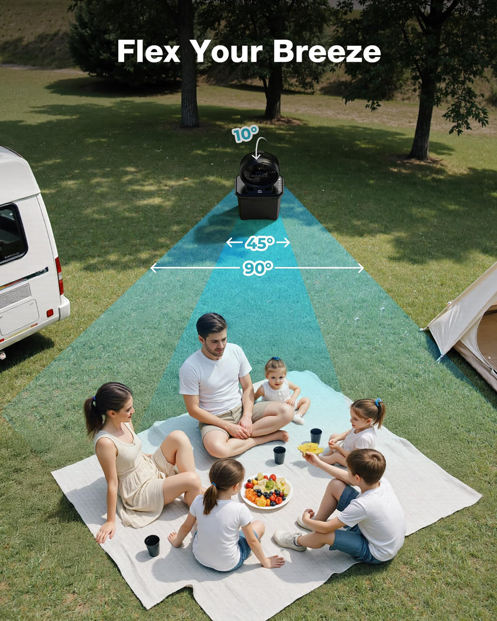 xasla inside a tent providing rechargeable cooling while camping