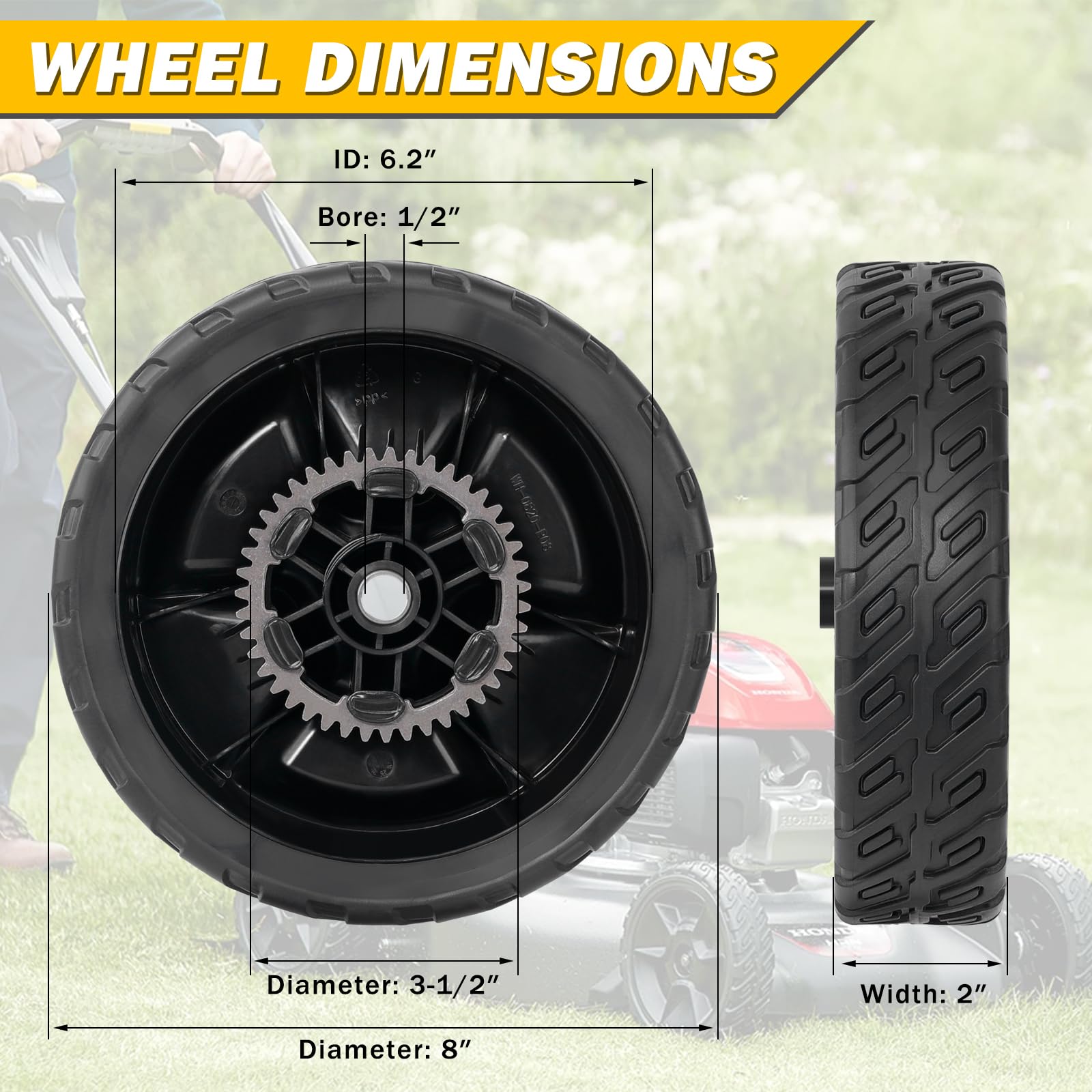 XaXmTee wheel beside ruler showing 8-inch diameter for correct sizing