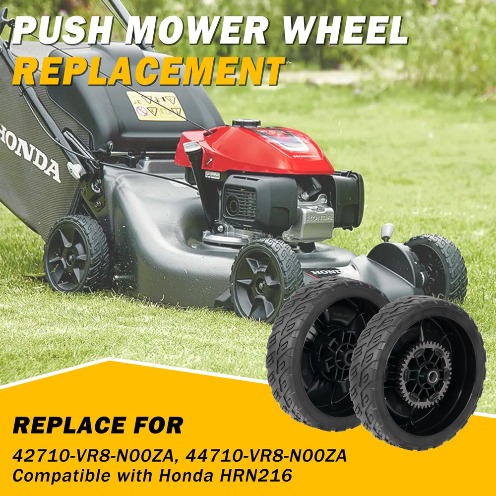 XaXmTee wheel installed on mower axle demonstrating straightforward DIY fit