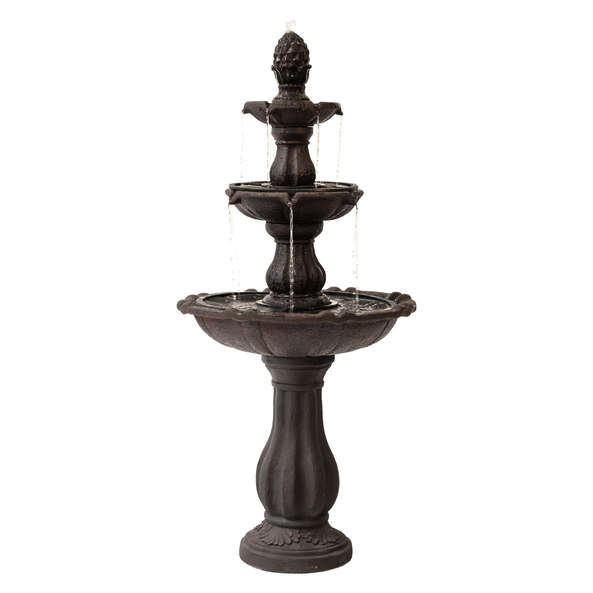XBrand front view of 3-tier fountain showcasing cascading water and elegant silhouette