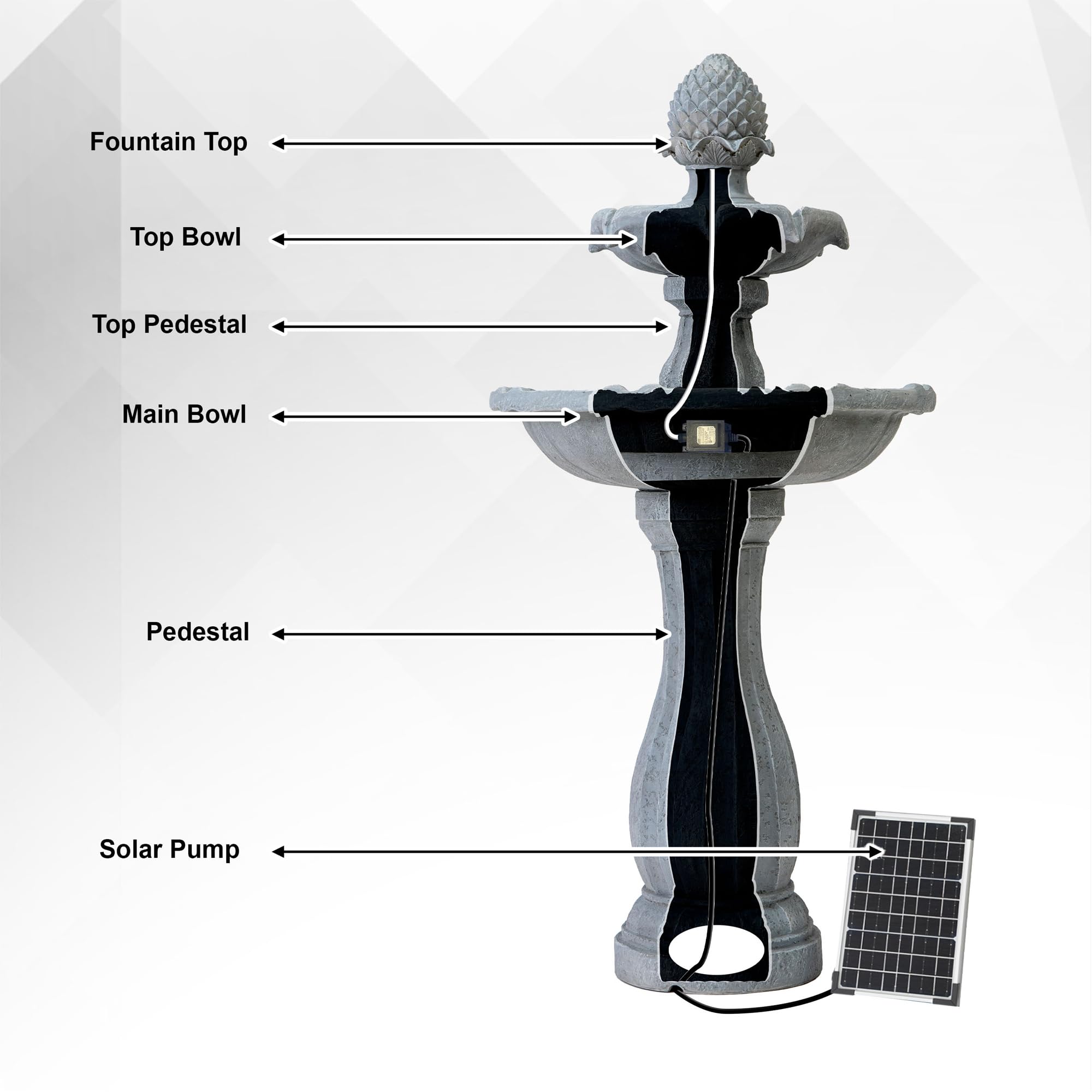 XBrand fountain beside chair demonstrating 44-inch height and scale